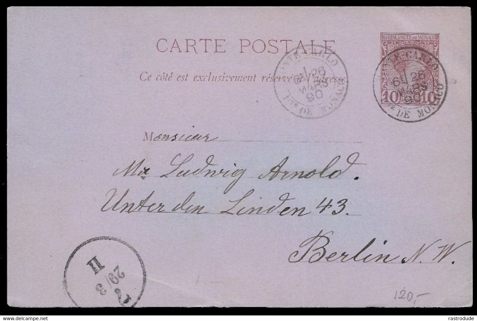 1890, 26 MARS MONACO - ENTIER 10C Mi. P3 A BERLIN, ALLEMAGNE. - Entiers Postaux