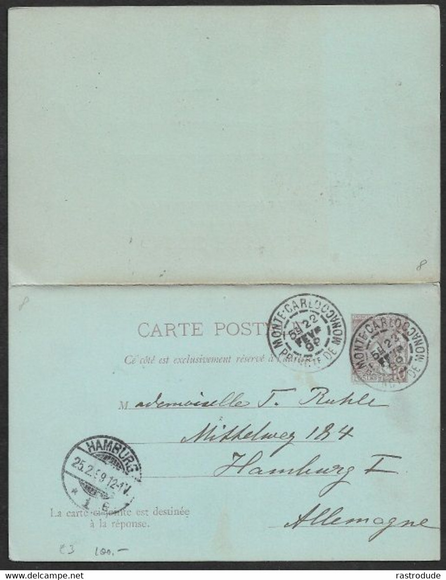 1899, 22 FEVR.  MONACO - ENTIER 10C + 10C REPONSE Mi. P5 A HAMBURG, ALLEMAGNE. - Interi Postali