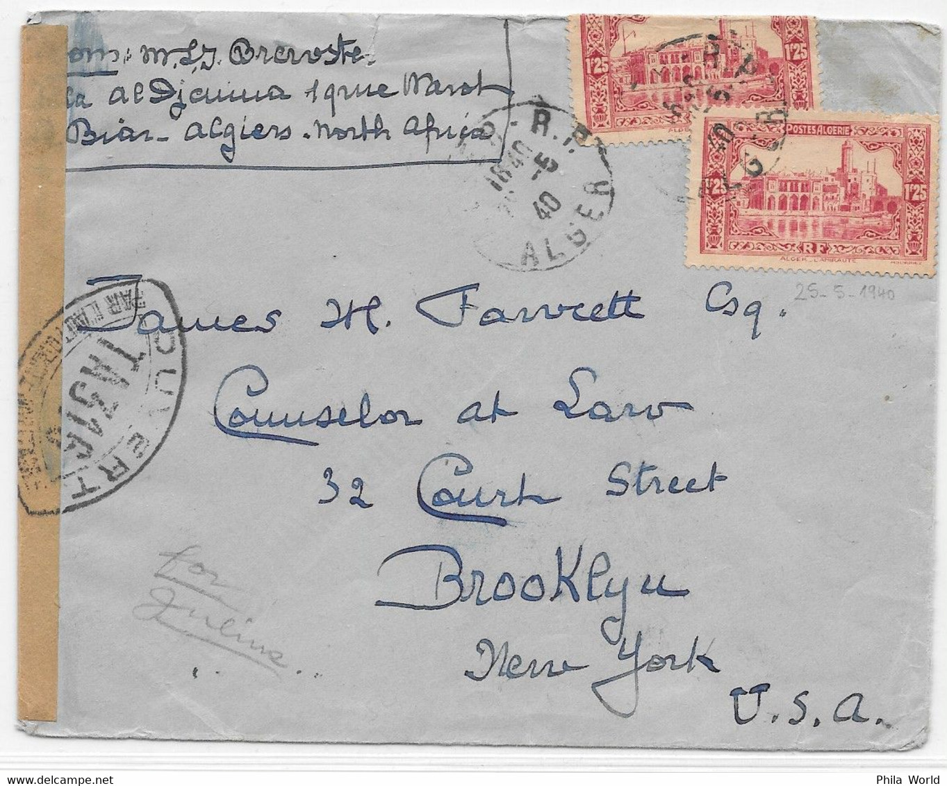 ALGERIE WW2 1940 French Alger TA 316 Censored Cover Algiers To USA Brooklyn New-York Censure Ouvert Autorité Militaire - Covers & Documents