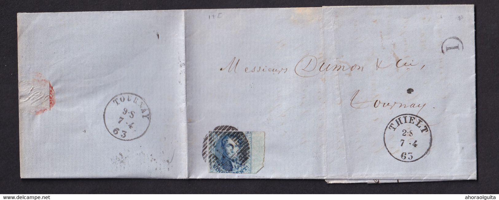 DDZ 841 - Lettre TP 11 BdF Médaillon Barres 115 THIELT 1863 Vers TOURNAY - Boite Rurale I De AERSEELE - Signée Verbeck - Poste Rurale