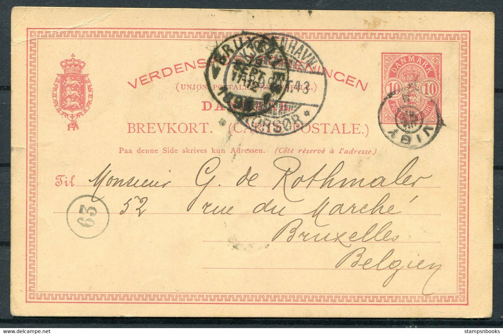 1899 Denmark 10ore Stationery Postcard VIBY Copenhagan Star Stjernestempler - Bruxelles Belgium - Cartas & Documentos