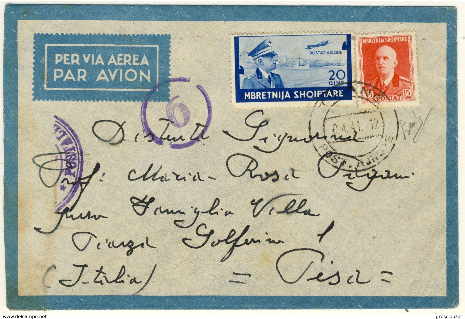 Albania 1941 Posta Aerea Militare Tirana - Pisa, Lettera Del Ministro Dell'Agricoltura Tassinari (Vedi Contenuto) - Albanië