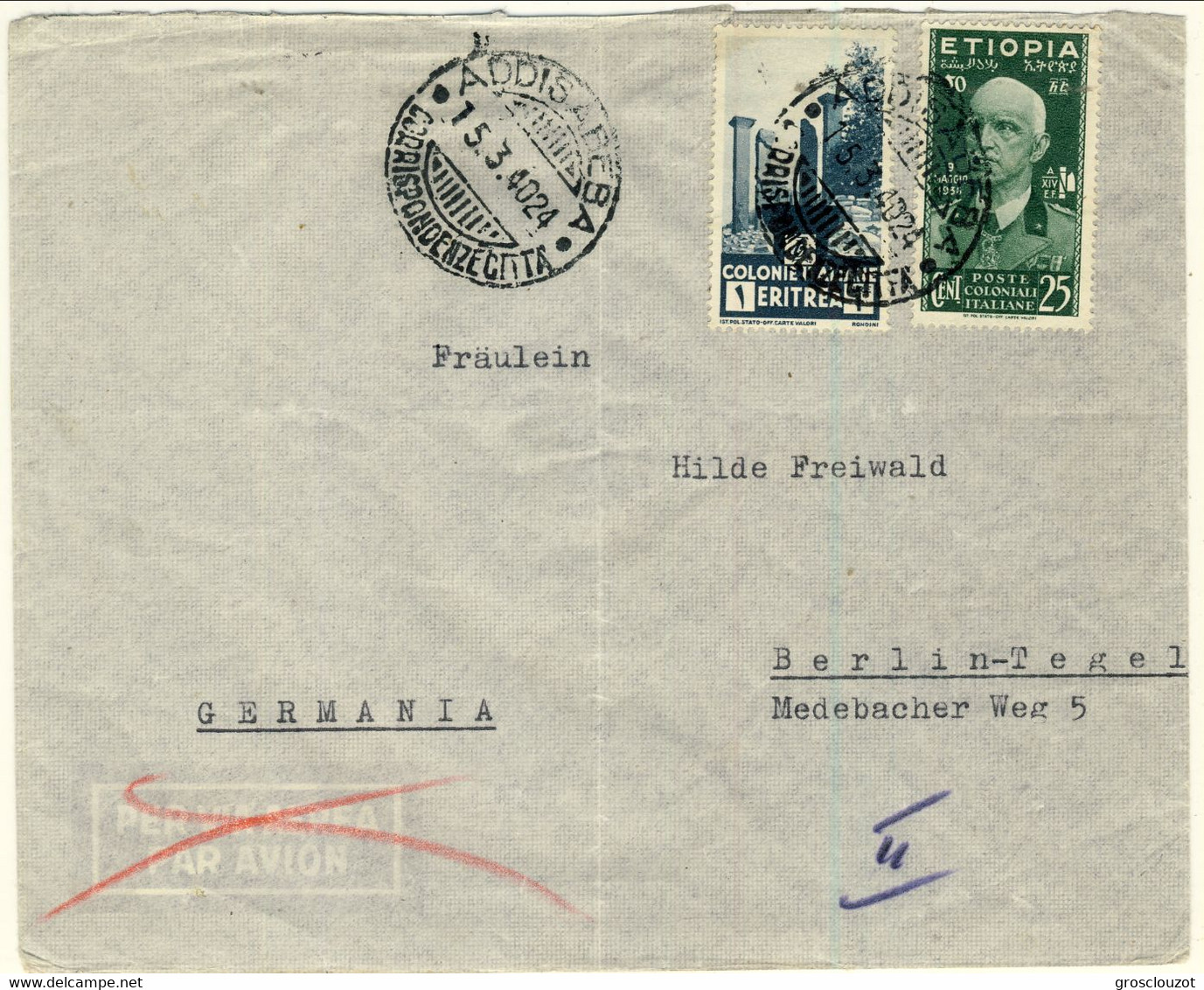 Etiopia 1940 Lettera Privata Addis Abeba-Germania Affrancata Con Il C. 25 Verde N. 3 E Eritrea L. 1 N. 209 - Aethiopien