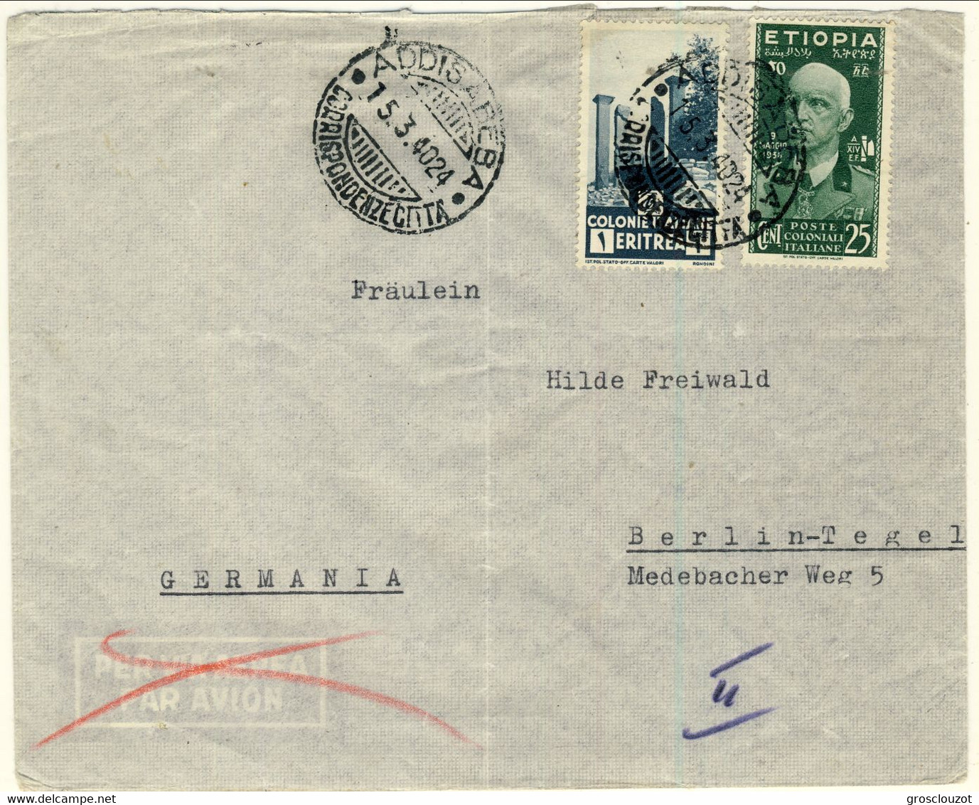 Etiopia 1940 Lettera Privata Addis Abeba-Germania Affrancata Con Il C. 25 Verde N. 3 E Eritrea L. 1 N. 209 - Ethiopie