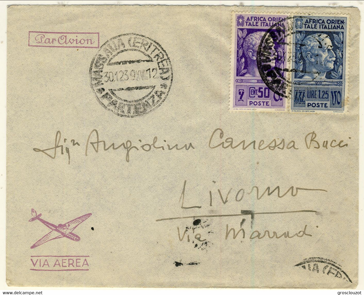 AOI 1939 PA Lettera Privata Massaua-Livorno Affrancata Con Il C. 50 Violetto N. 10 E Il N. 13 L. 1,25 Azzurro Scuro - Italian Eastern Africa