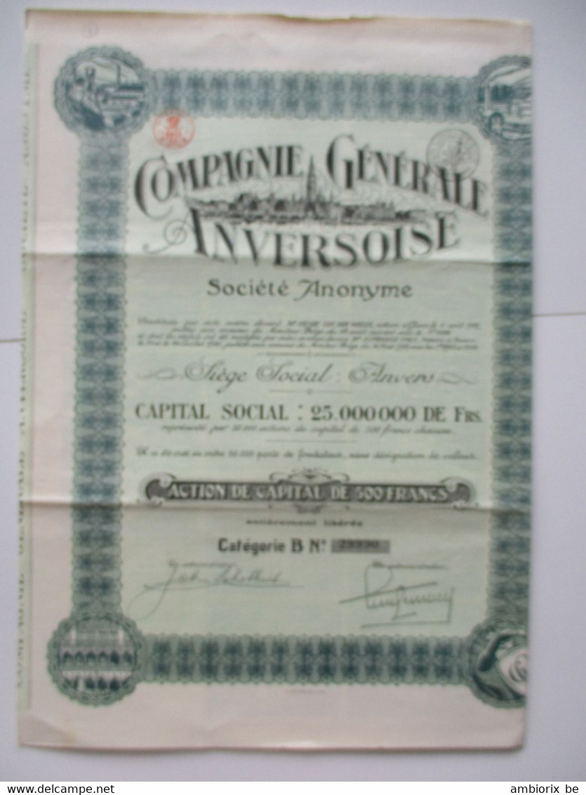 Compagnie Générale Anversoise 1920 - Action De Capital De 500 Francs - Navy