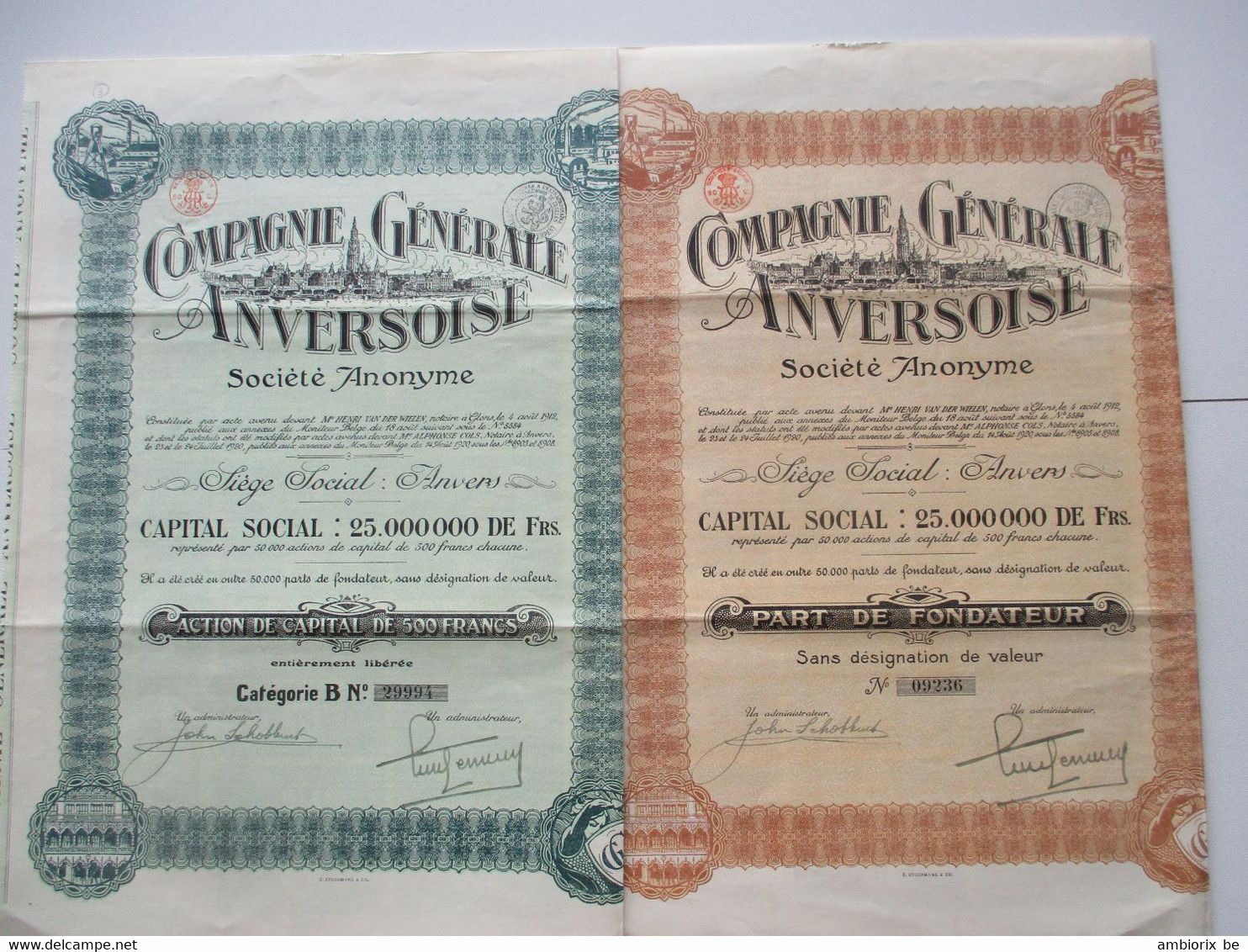 Compagnie Générale Anversoise 1920 - Capital 25 000 000 - Action De Capital De 500 Francs - Part De Fondateur - Navigation