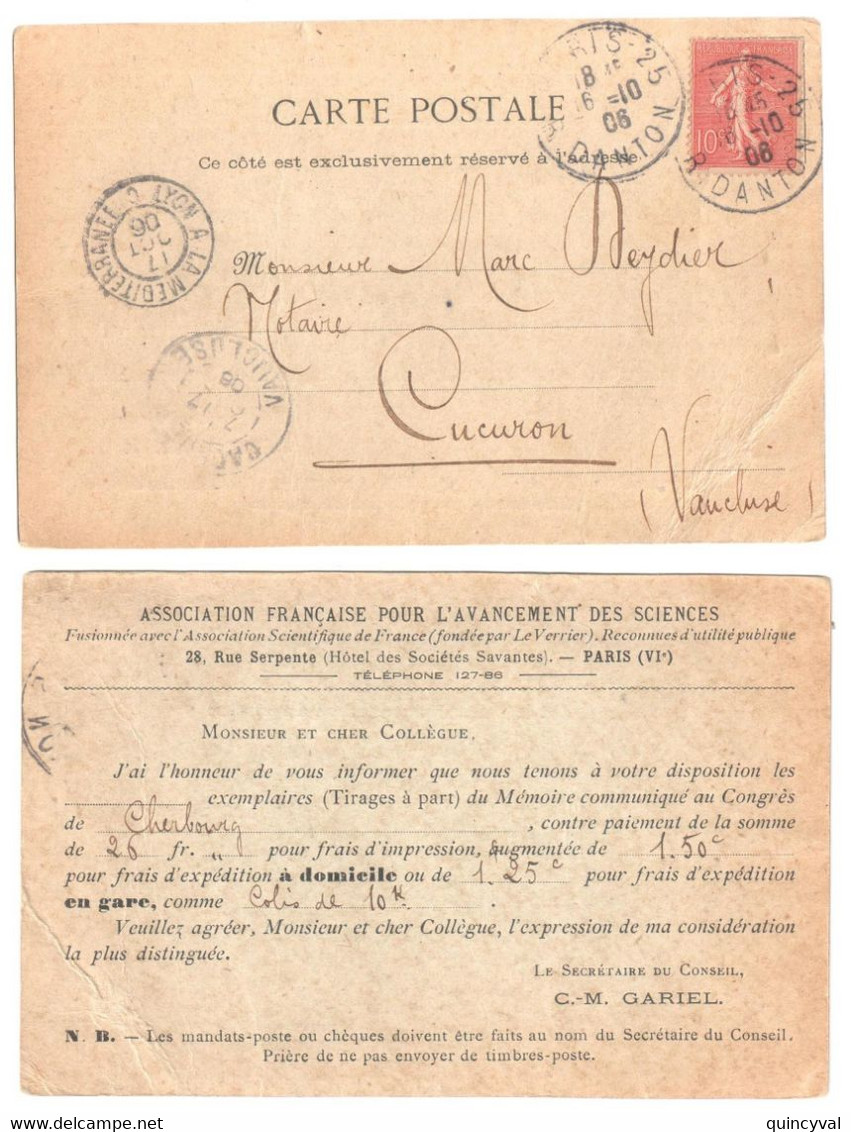 PARIS 25 Carte Commerciale Associ Avancement Sciences 10c Semeuse Lignée Yv 129 Dest Cucuron Vaucluse Amb Lyon  Ob 1906 - Covers & Documents