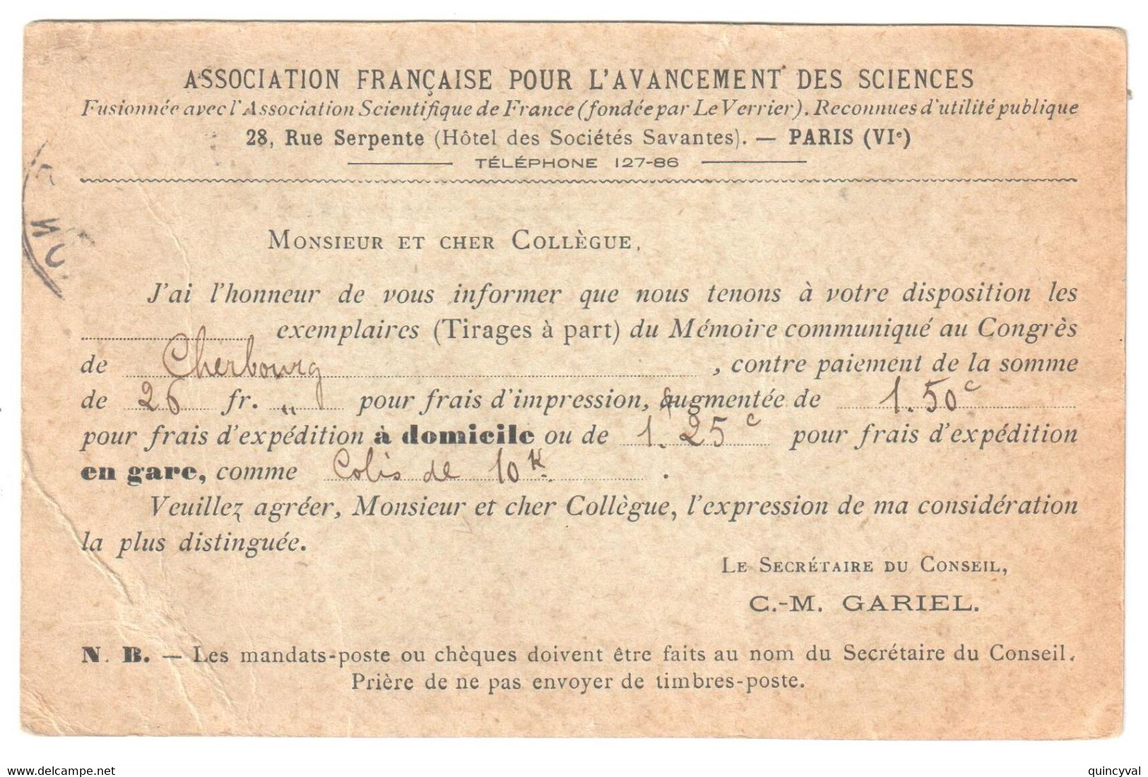PARIS 25 Carte Commerciale Associ Avancement Sciences 10c Semeuse Lignée Yv 129 Dest Cucuron Vaucluse Amb Lyon  Ob 1906 - Covers & Documents