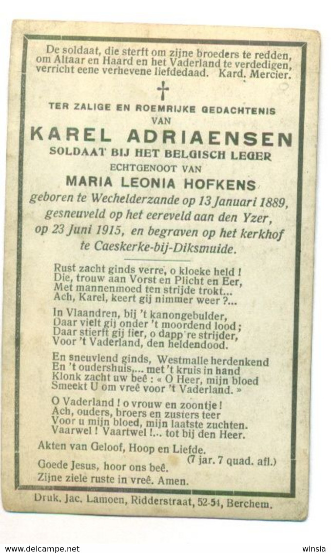 WO1 / WW1 - Doodsprentje Karel Adriaensen - Wechelderzande /  - Gesneuvelde - Obituary Notices