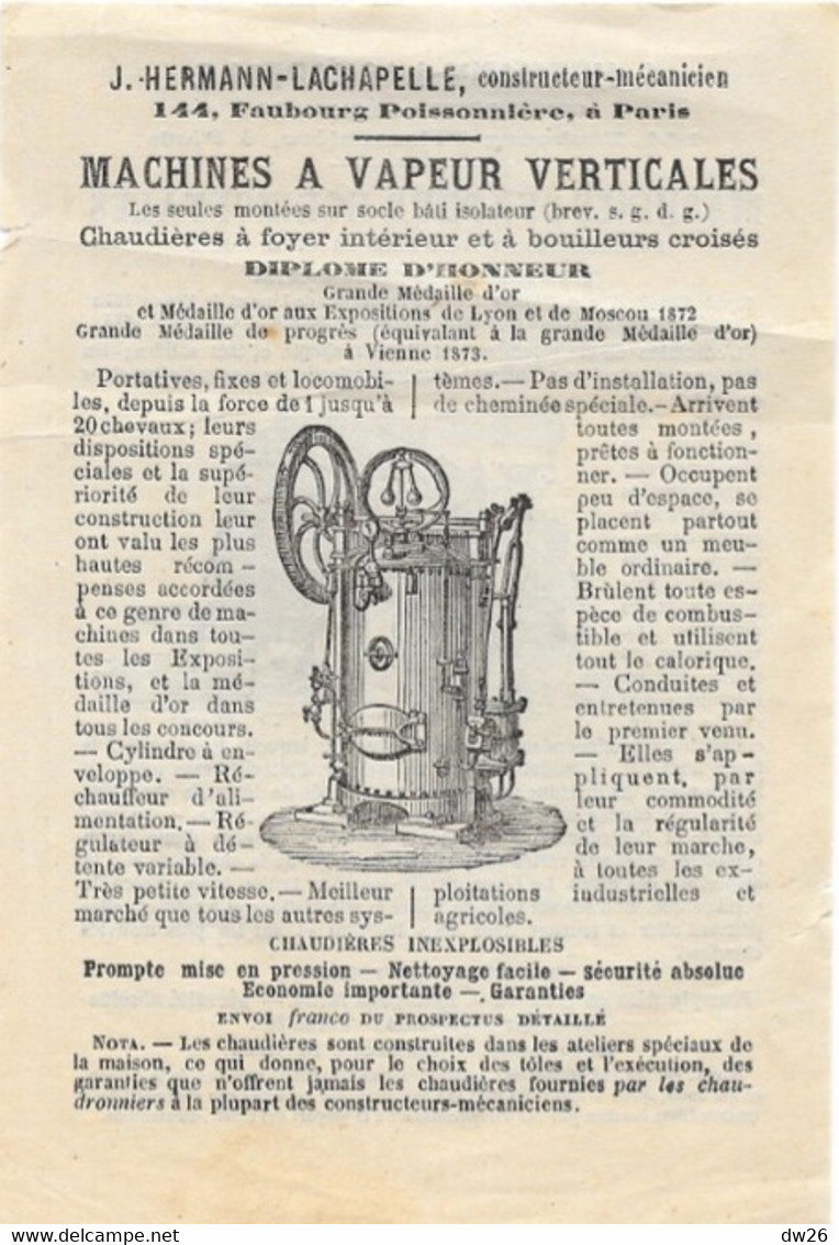 Publicité Machines à Vapeur Verticales Et Horizontales J. Hermann-Lachapelle, Faubourg Poissonnière, Paris - Altri Apparecchi