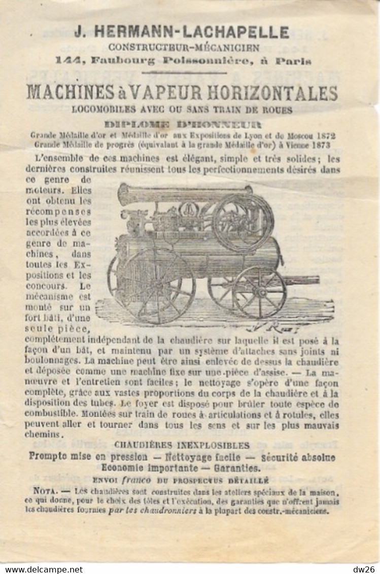 Publicité Machines à Vapeur Verticales Et Horizontales J. Hermann-Lachapelle, Faubourg Poissonnière, Paris - Andere Toestellen