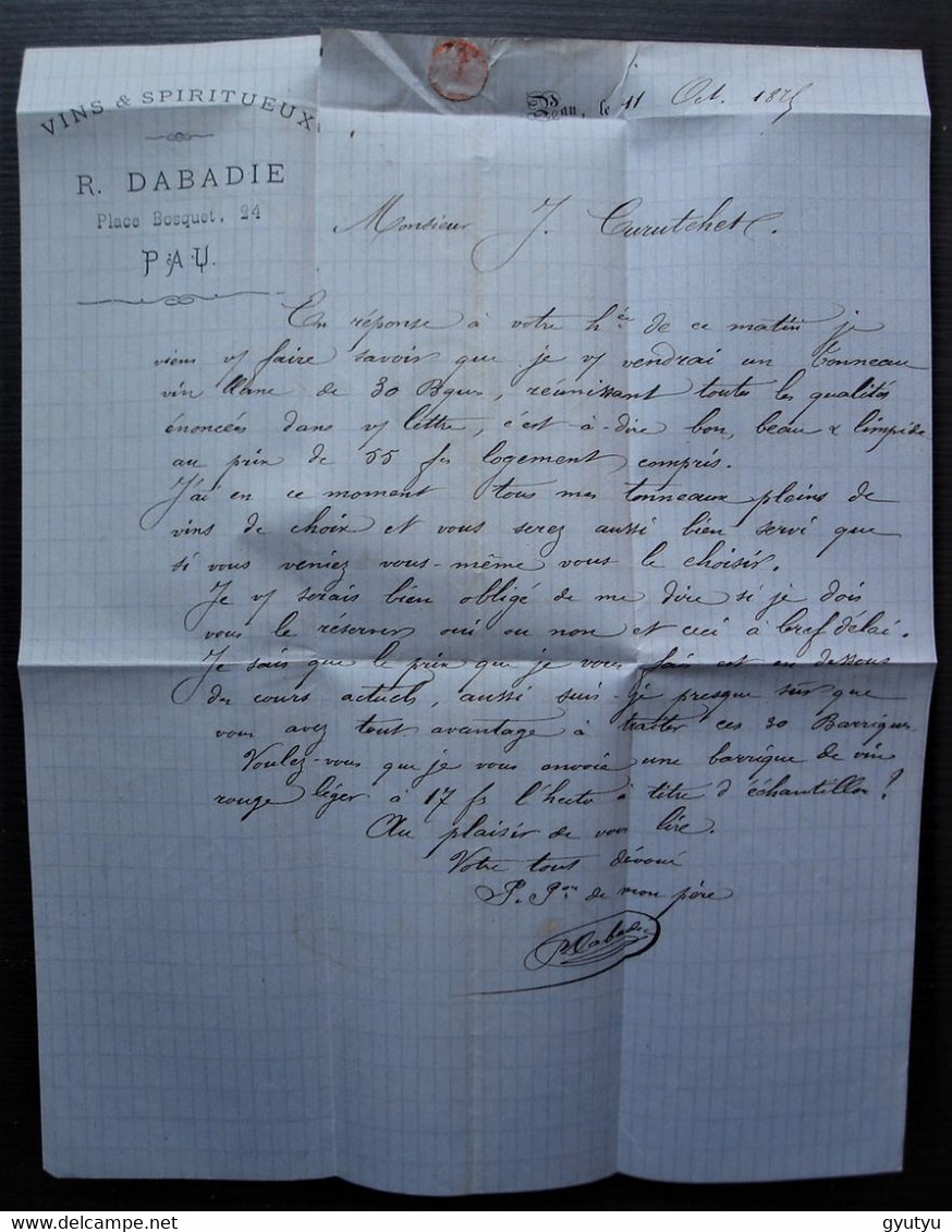 Pau 1875 R. Dabadie Vins En Gros,  Lettre Pour Lanne Par Aramits - 1849-1876: Période Classique