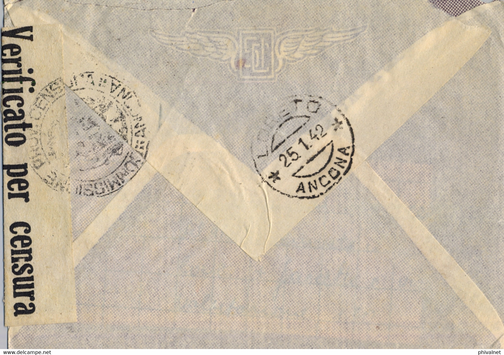 1942 LIBIA  ITALIANA , CORREO AÉREO , BANDA Y MARCA DE CENSURA , " UFFICIO POSTALE CONCENTRAMENTO " CIRC. A LORETO - Libyen