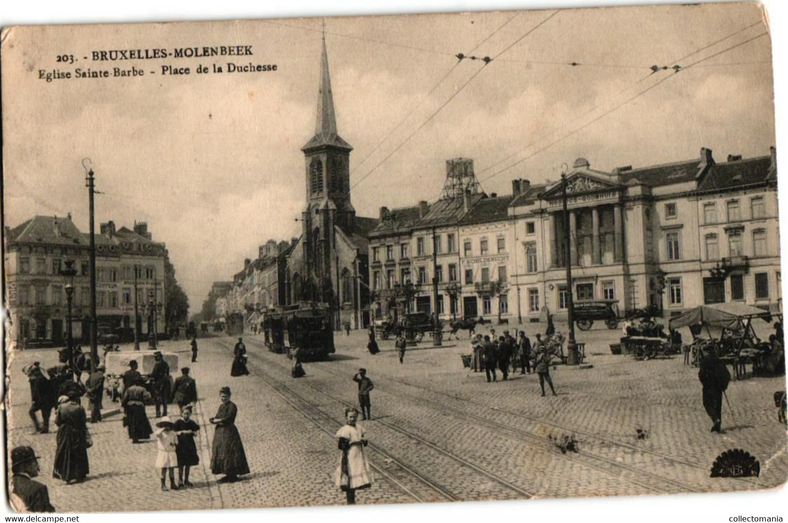 2 CP Molenbeek Eglise St Barbe Place De La Duchesse TRAM  Marché  1912- 1914 Hospice Godshuis - Molenbeek-St-Jean - St-Jans-Molenbeek