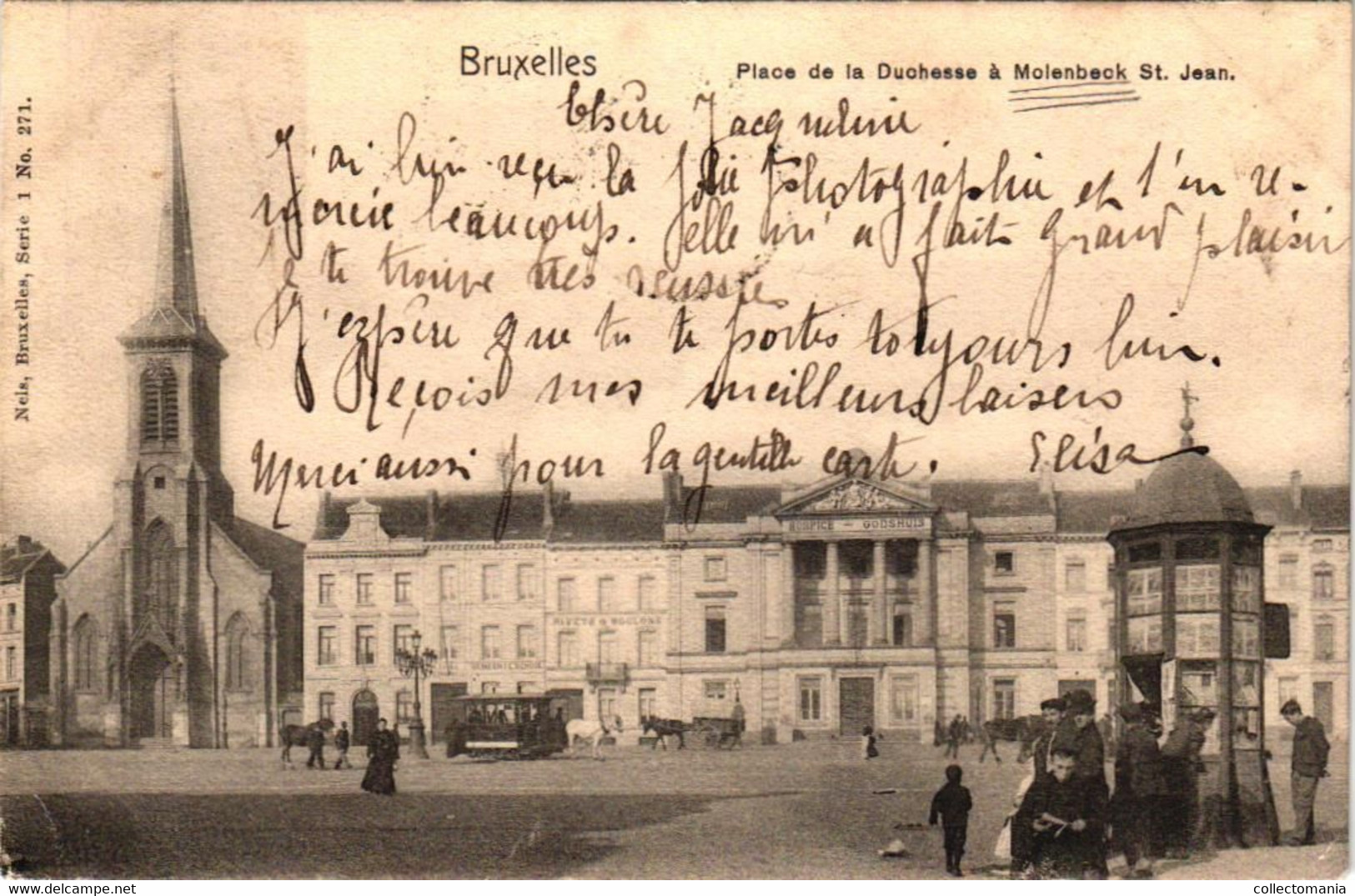 3 CP Molenbeek St.Jean  Place De La Duchesse Hospice Godsuis 1906 Molenbeck Tramway De Cheval  1905 Eglise St. Barbe - Molenbeek-St-Jean - St-Jans-Molenbeek