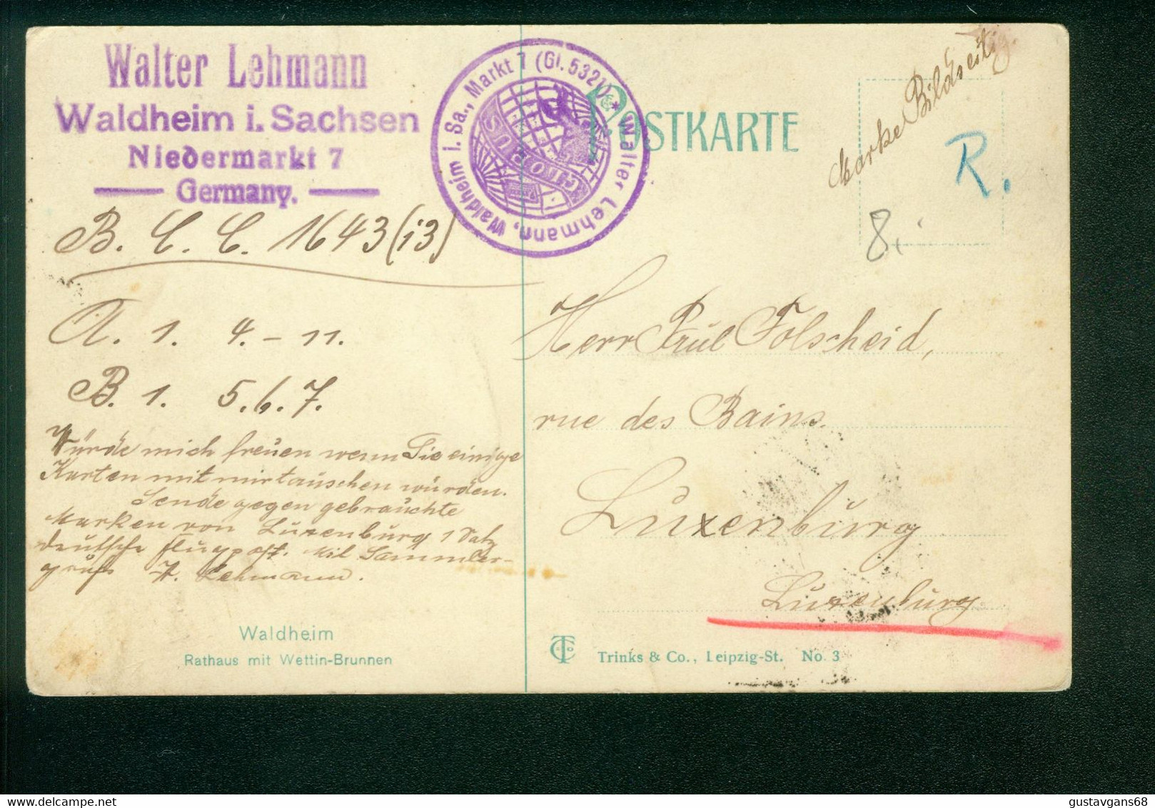 AK Waldheim, 2 Stempel Walter Lehmann, Gel. 1921 Nach Luxemburg, Luxembourg - Waldheim