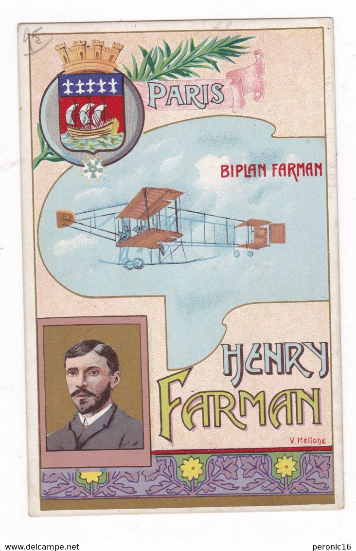 Rare CPA Ill. Coul. Rehauts De Doré, Art Nouveau Henry Farman, Biplan, éd. A. Mellone, Cambrai - Aviadores