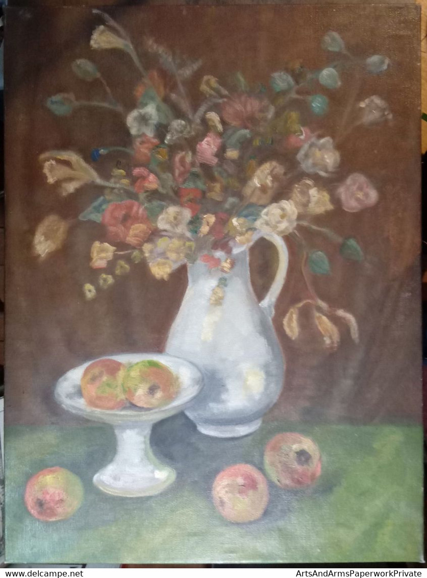 Nature Morte : Vase à Fleurs, Bol Et 5 Pommes/ Still Life: Flower Vase, Bowl And 5 Apples - Olii