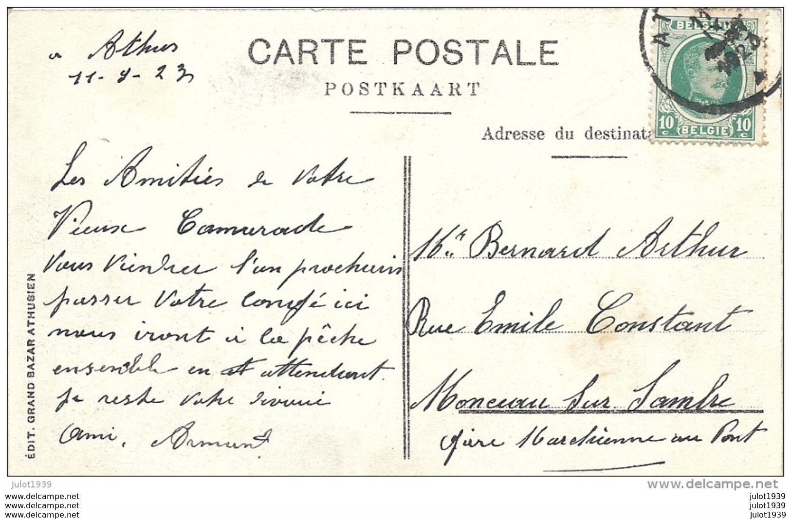 RODANGE ..-- Aciéries . 1923 De ATHUS Vers MONCEAU - SUR - SAMBRE ( Mr BERNARD Arthur ) . Voir Verso . - Rodange