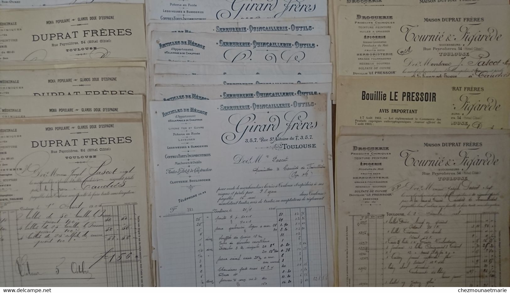 TOULOUSE - MAGASINS GIRARD ALBY DUPRAT TOURNIE - SERRURERIE DROGUERIE EPICERIE - LOT DE 97 DOCUMENTS FACTURES - Historische Dokumente