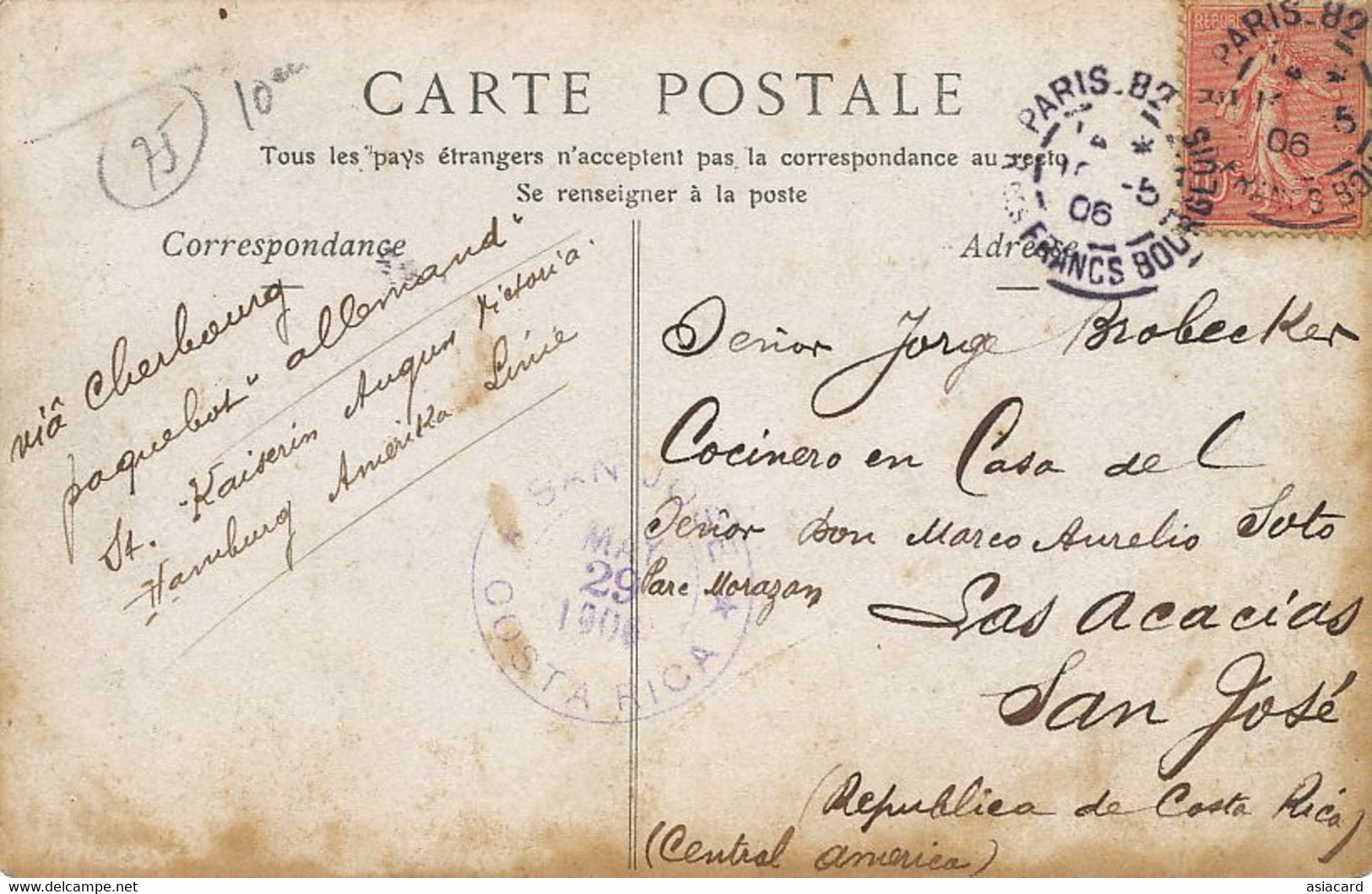 Card From Paris Mai 1 St 1906 Labour Day Used To Cocinero Las Acacias San José Kaiserin August Victoria Hamburg Amerika - Costa Rica