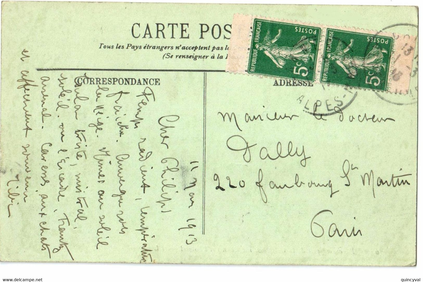 CANNES Alpes Maritimes Carte Postale Semeuse 5 C Vert Yv 137e Paire De Carnet Ob 11 3 1913 - Lettres & Documents