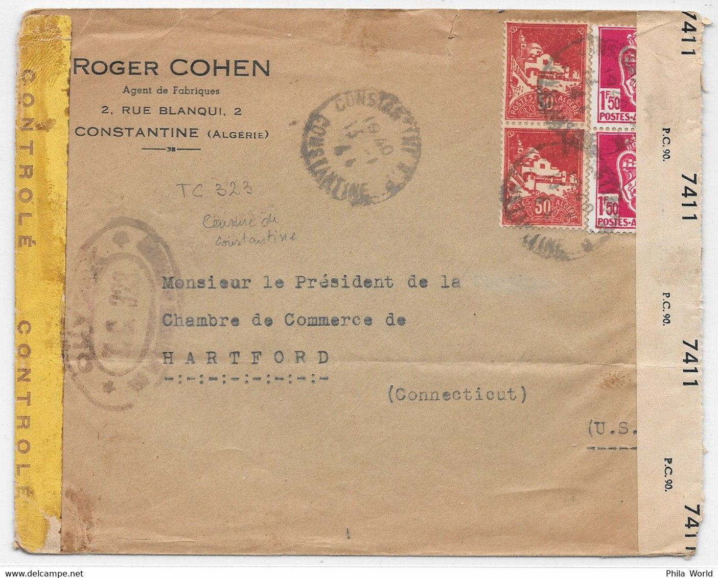 ALGERIE WW2 1940 French CONSTANTINE TC 323 Censored Cover Algiers To USA Hartford Connecticut Censure Ouvert Autorité - Covers & Documents
