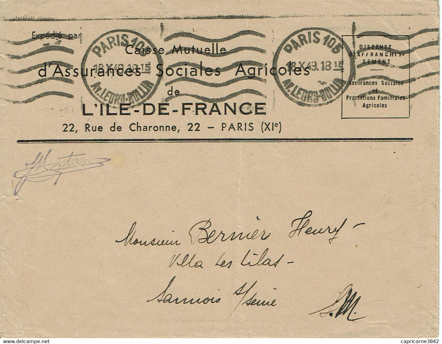1943 - Lettre En Franchise Postale De La Caisse Mutuelle D'Assurances Sociales Agricoles - Oblit. Machine KRAG - Frankobriefe