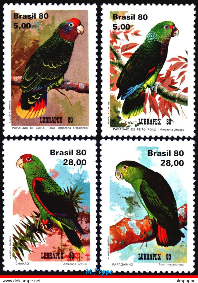 Ref. BR-1715-18 BRAZIL 1980 BIRDS, PARROTS, LUBRAPEX 80, PHILATELIC EXHIBITION, SET MNH 4V Sc# 1715-1718 - Unused Stamps