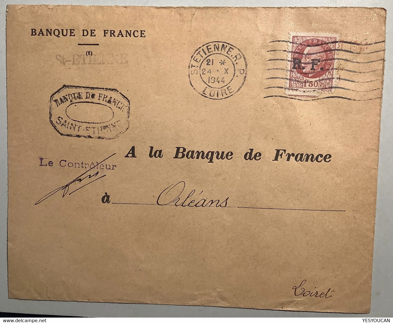 LYON "R.F" LIBERATION Oblit RARE "ST ETIENNE LOIRE 1944"lettre Non Philatelique Banque De France Pétain(WW2 War Guerre - Befreiung