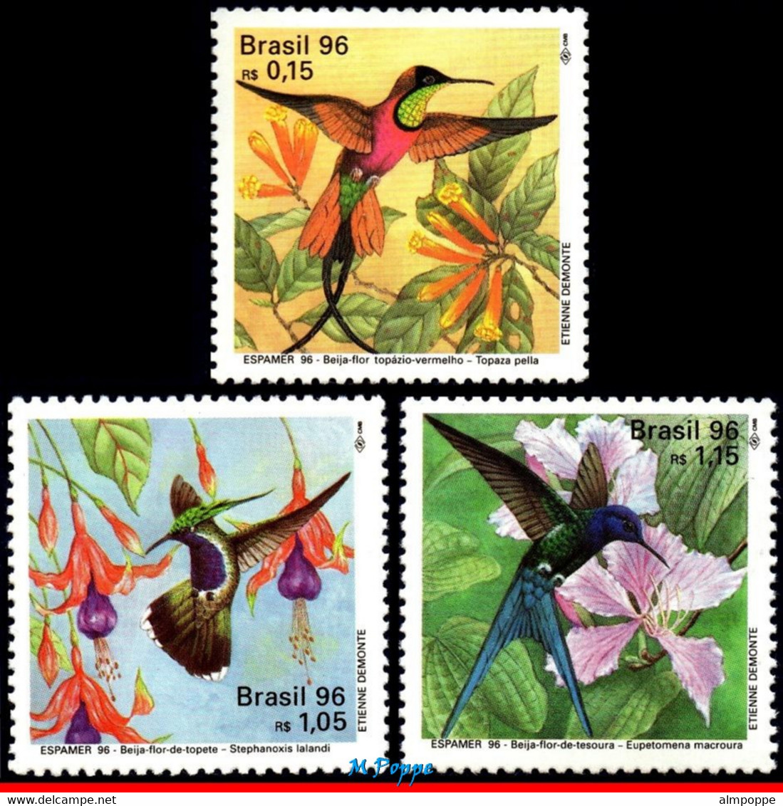 Ref. BR-2583-85 BRAZIL 1996 BIRDS, HUMMINGBIRDS AND FLOWERS,, MI# 2700-02, SET MNH 3V Sc# 2583-2585 - Colibris