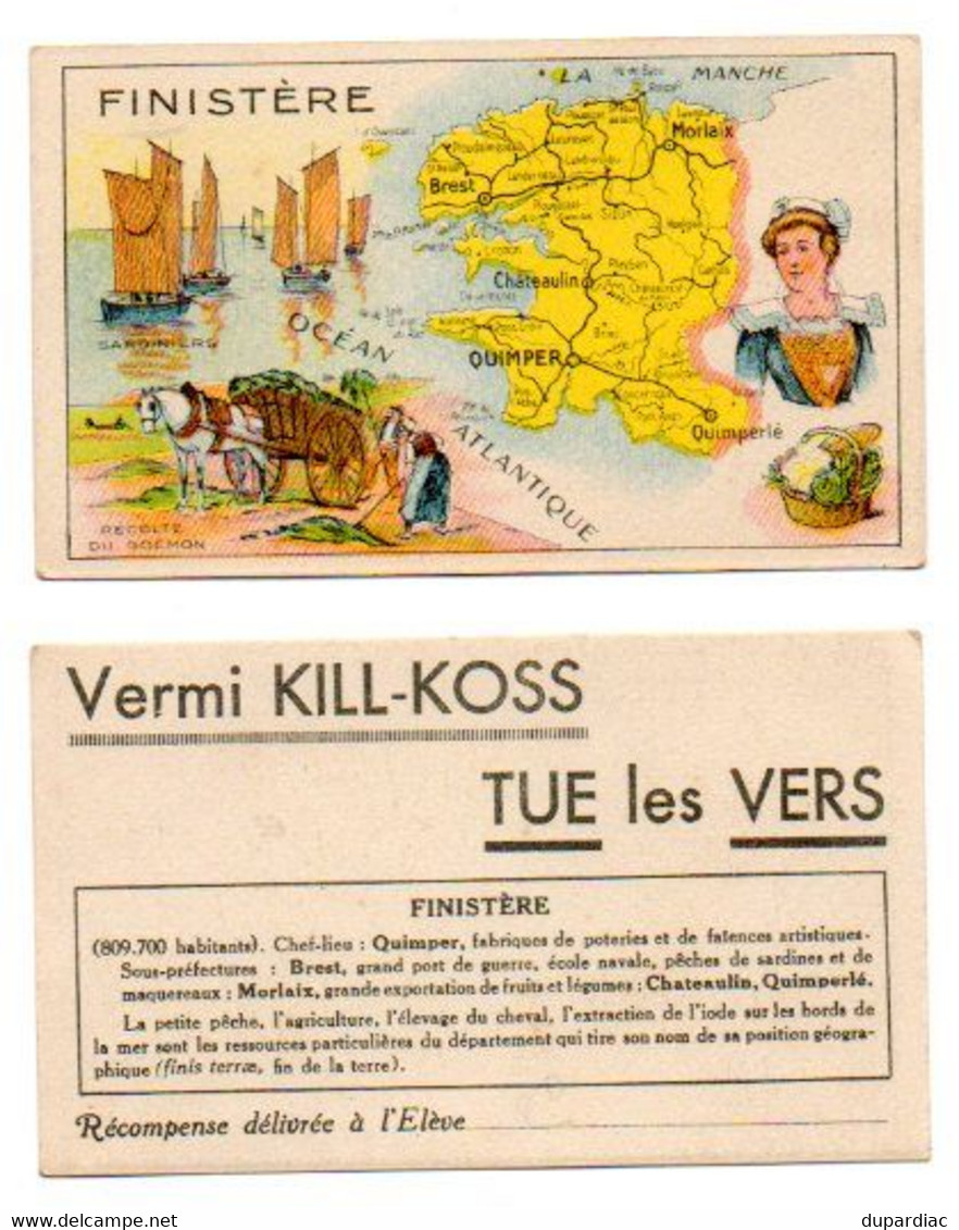 Carte Géographique Du FINISTERE, Récompense Scolaire, Publicité Pour Vermi KILL-KOSS, TUE Les VERS. - Cartes Géographiques