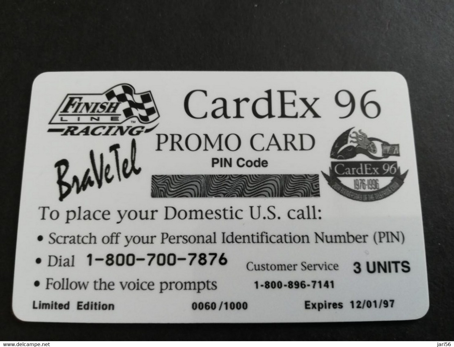 NETHERLANDS  PREPAID 3 UNITS  CARDEX 96  BRAVETEL/PROMOCARD  RACECAR 60/1000   MINT CARD   ** 5861** - Sin Clasificación