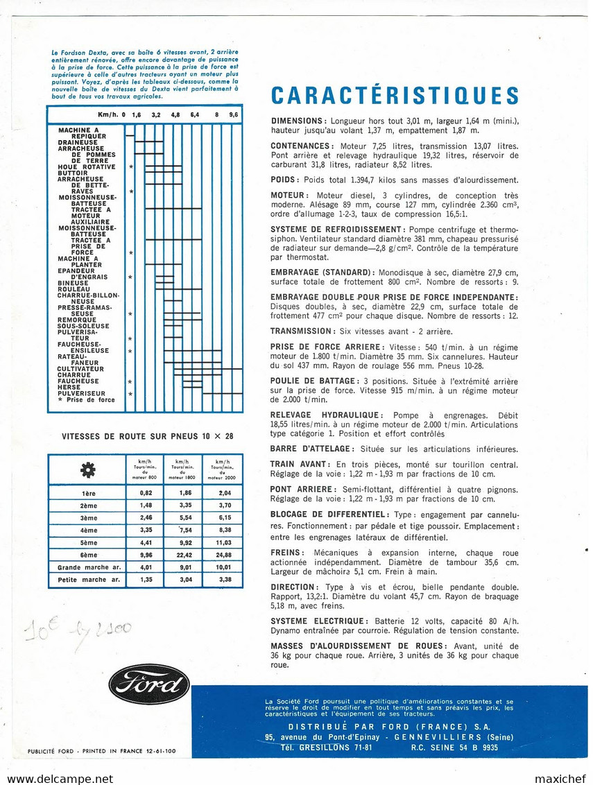 Fiche Publicitaire Format 21 X 27 Cm Tracteur "Fordson DEXTA" Caractéristiques Techniques - FORD - Tractores