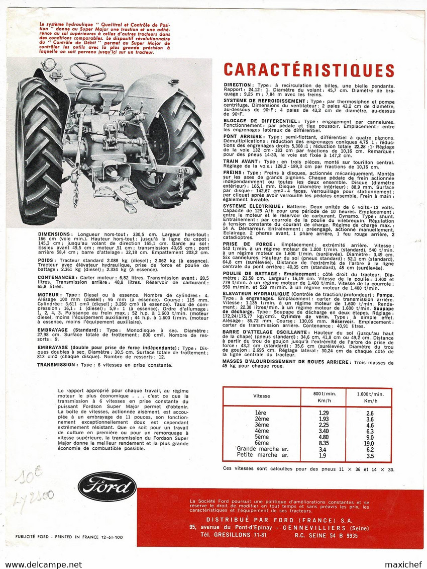 Fiche Publicitaire, Format 21 X 27 Cm Tracteur "Fordson SUPER MAJOR" Caractéristiques Techniques - FORD - Tracteurs