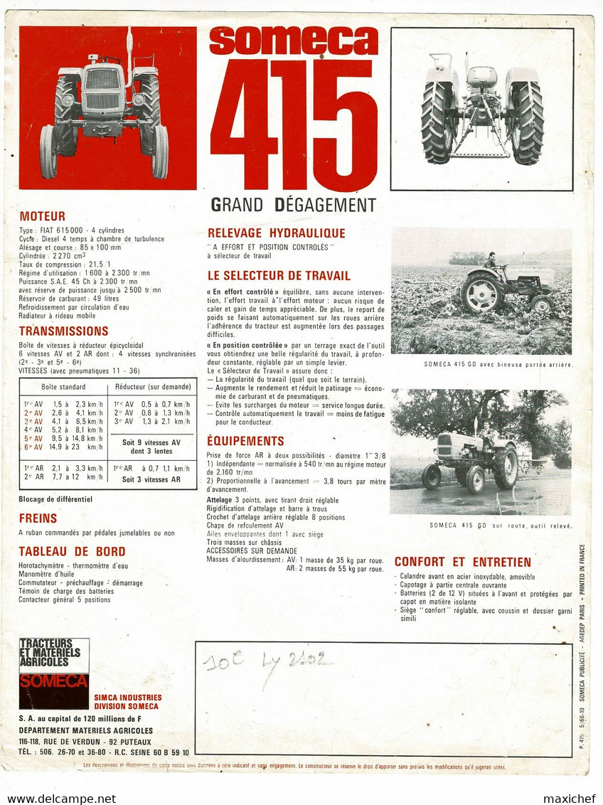 Fiche Publicitaire, Format 21 X 27 Cm Tracteur "Someca 415 Grand Dégagement" Caractéristiques Techniques - SIMCA - Tracteurs