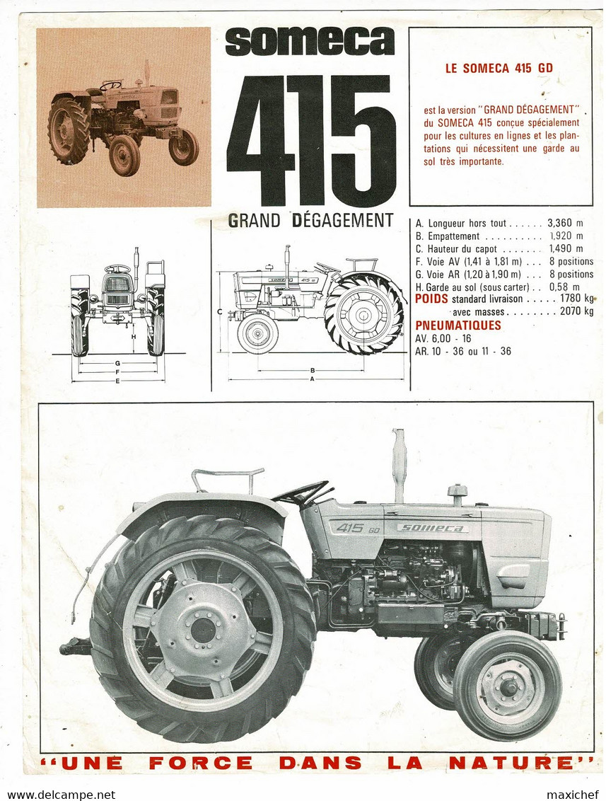 Fiche Publicitaire, Format 21 X 27 Cm Tracteur "Someca 415 Grand Dégagement" Caractéristiques Techniques - SIMCA - Tractors