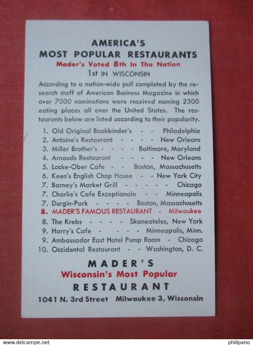 America's Most Popular Restaurants   Mader's Voted # 8 In The Nation   Milwaukee  Wisconsin > Milwaukee     Ref 5041 - Milwaukee