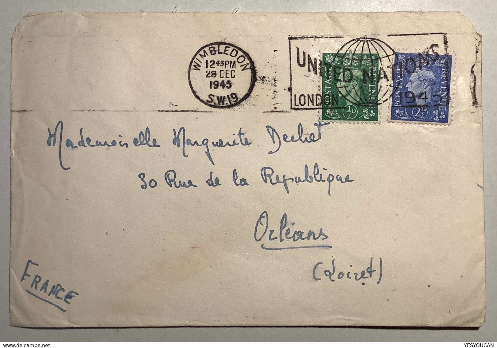 SCARCE "UNITED NATIONS LONDON 1945 / WIMBLEDON 1945" Slogan Machine Postmark GB KGVI Cover(U.N UNO - Covers & Documents