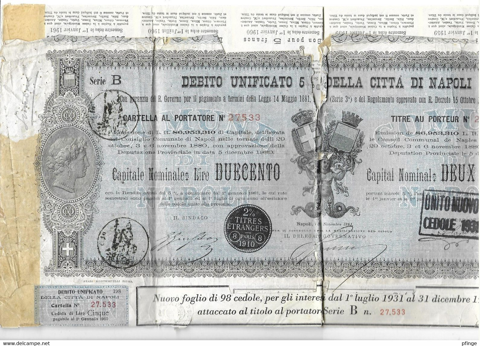 Debito Unificato Della Cita Di Napoli , 1931-1979 - M - O