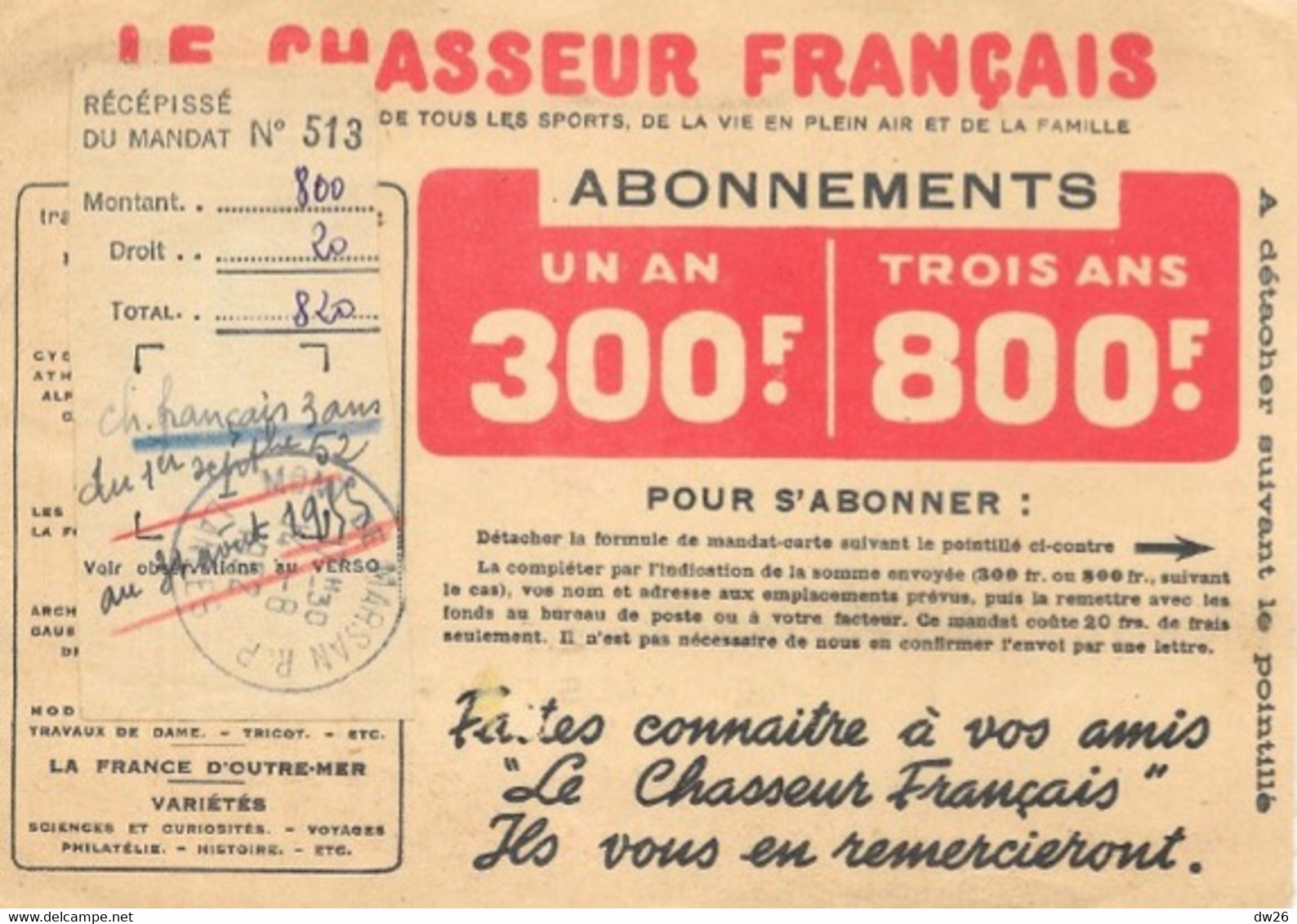 Publicité - Revue Le Chasseur Français - Bulletin Pour Abonnements 1952 - Reclame