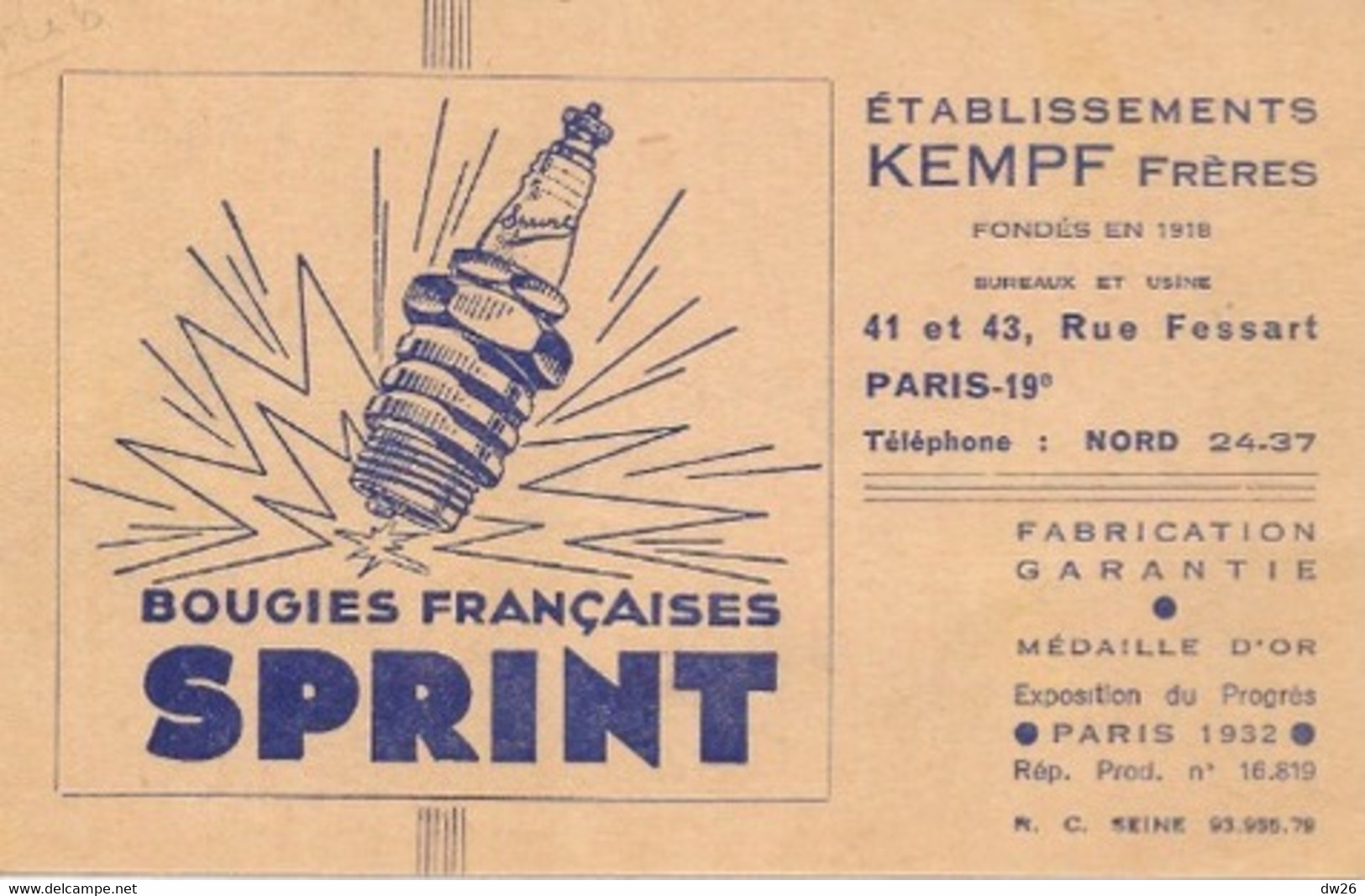 Publicité - Bougies Françaises Sprint (Etablissements Kempf Frères, Rue Fessart, Paris) - Reclame