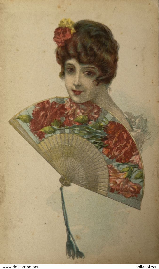 Eventail - Fan - Waaier // Italian Card Woman With Fan With Flower // Belle Femme 19?? - Fleurs