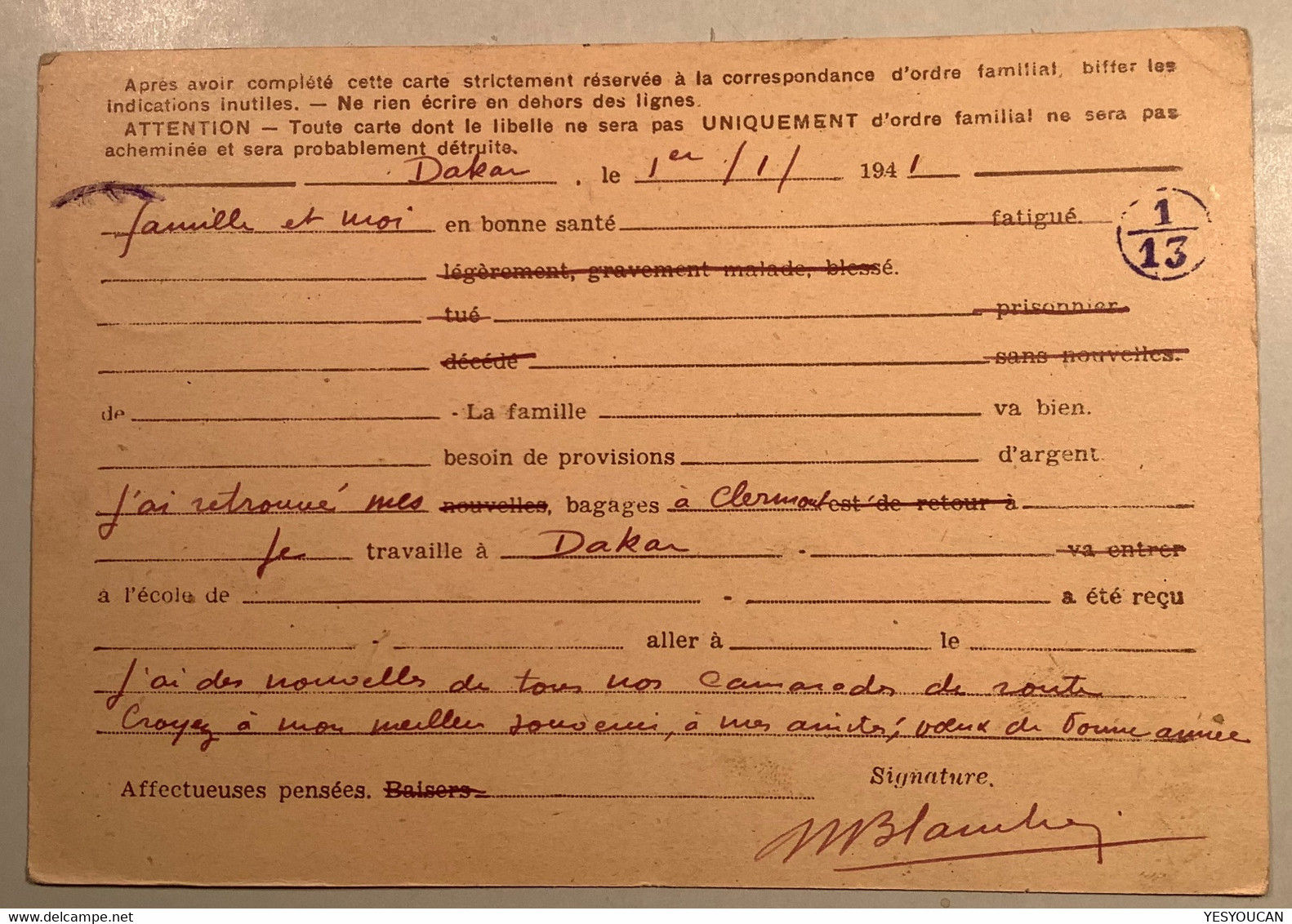 "DAKAR SENEGAL 1941" Cad RARE EN VIOLET Sur France Entier Postal Carte Interzone Type Iris (WW2 War Guerre 1939-1945 - Pseudo-entiers Officiels