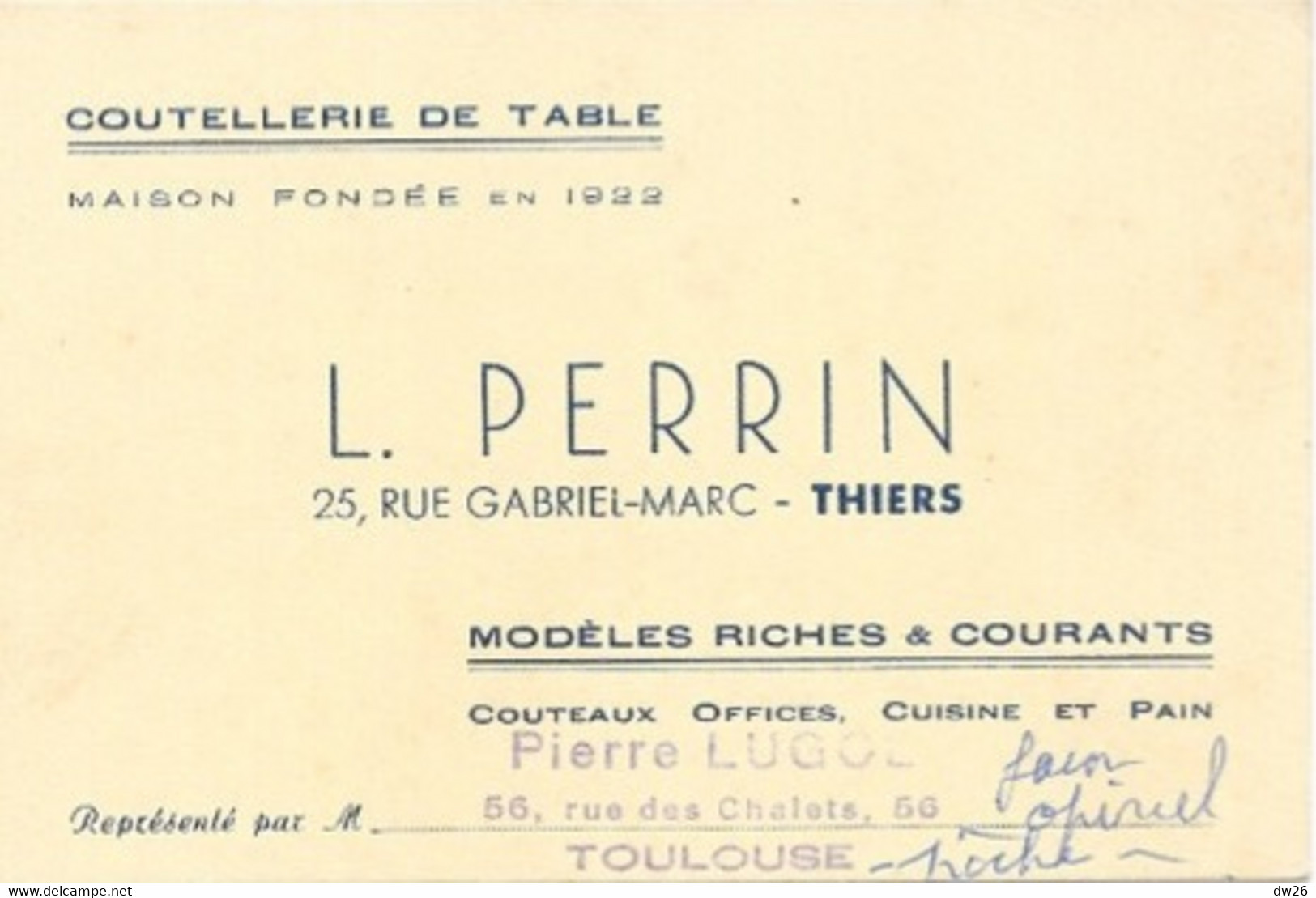 Carte De Visite - Coutellerie De Table L. Perrin, Thiers (couteaux Office, Cuisine) Représentant: Pierre Lugol - Cartes De Visite