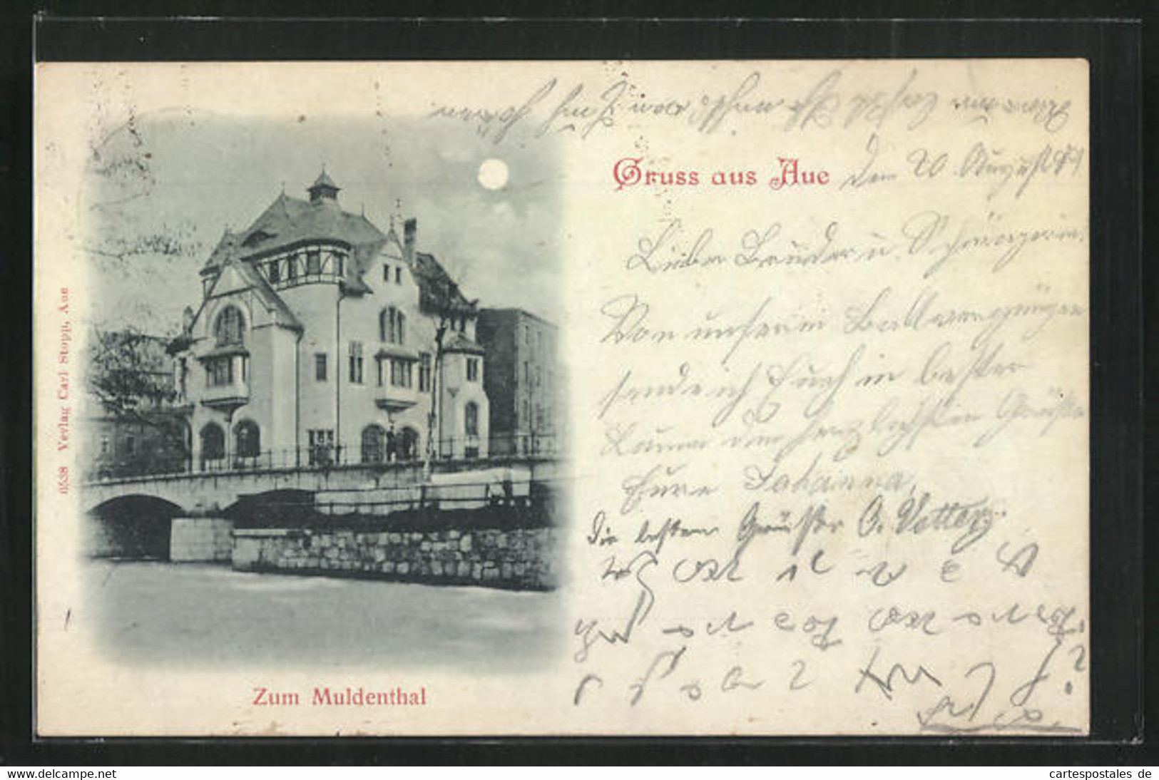 Mondschein-AK Aue, Gasthaus Zum Muldenthal - Aue