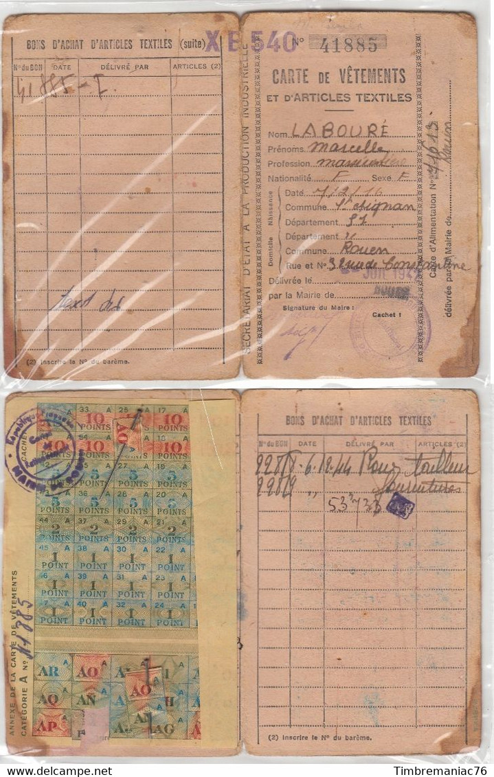 Carte Et Tiquets Rationnement Lot 2 1942 - Ohne Zuordnung
