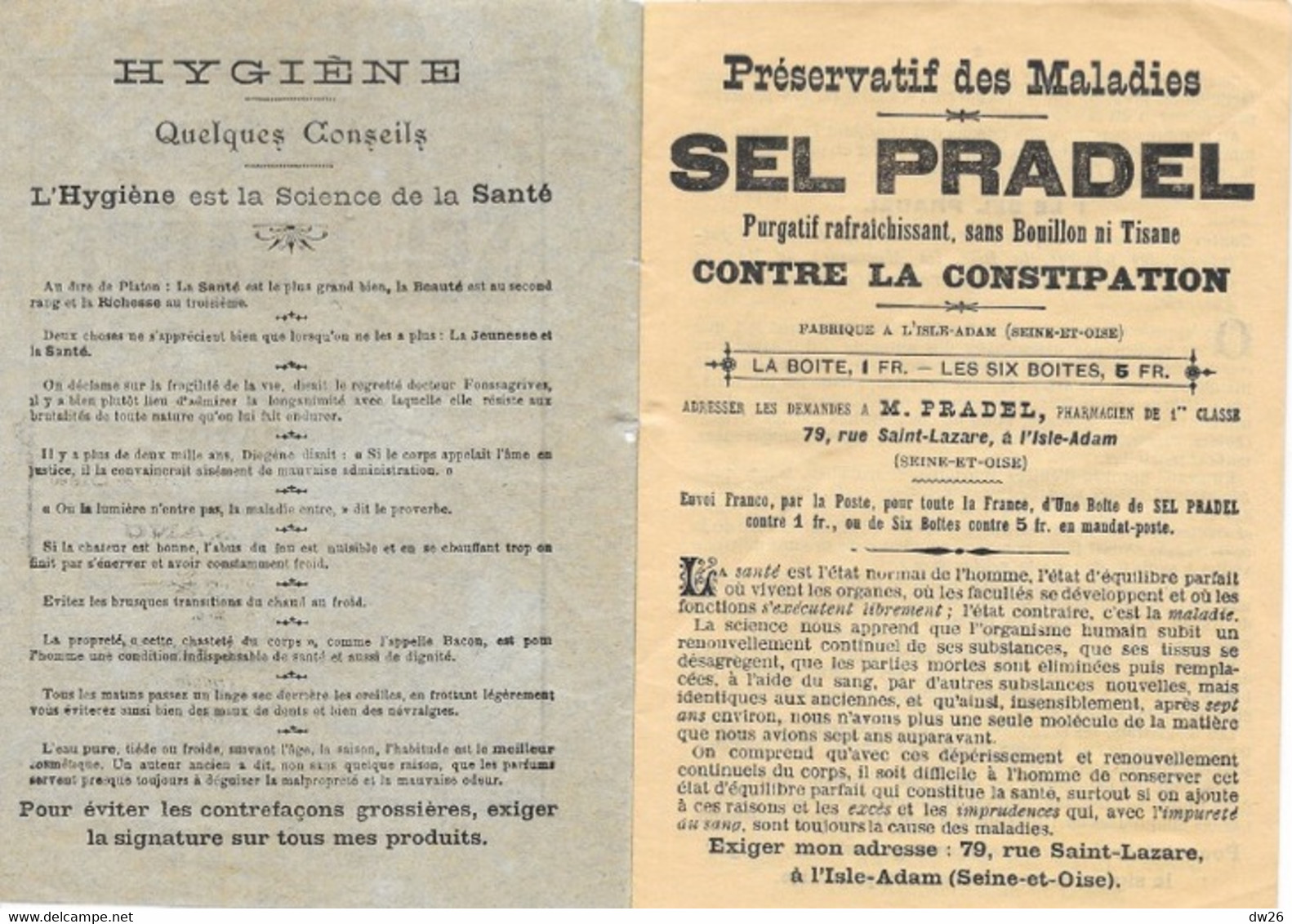 Publicité - Livret: Sel Pradel, Purgatif Rafraichissant Contre La Constipation - Fabriqué à L'Isle-Adam (Seine & Oise) - Reclame