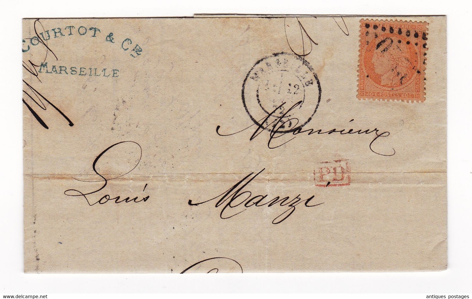 Lettre 1872 Marseille Courtot & Cie Bouches Du Rhône Civitavecchia Italie Louis Manzi Sucre Sugar Zucker Zucchero - 1871-1875 Cérès